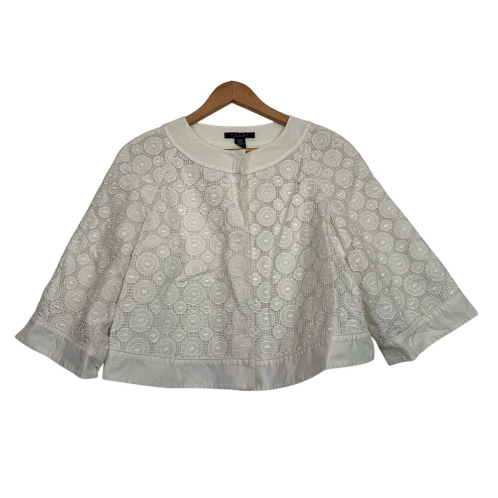Laundry by Shelli Segal White Lace Like Snap Jacket 3/4 Sleeve 100% Cotton Sz 8